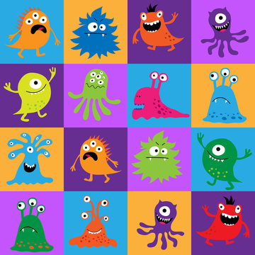 Seamless pattern with colorful monsters in squares