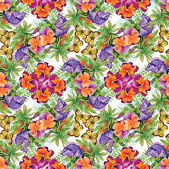 Fototapeta na wymiar Seamless patterns with Beautiful flowers, watercolor illustration