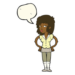 cartoon pretty woman with hands on hips with speech bubble