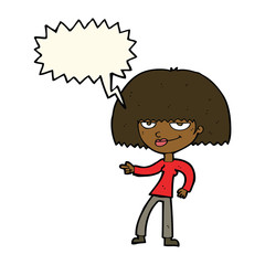 cartoon happy woman pointing with speech bubble