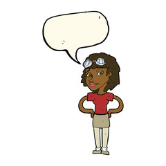 cartoon retro pilot woman with speech bubble