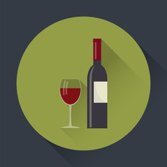 Wine bottle and wine glass flat round icon.