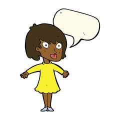 cartoon woman wearing dress with speech bubble