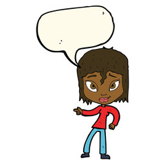 cartoon relaxed woman pointing with speech bubble