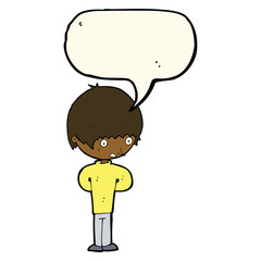 cartoon nervous boy with speech bubble
