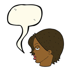cartoon woman raising eyebrow with speech bubble