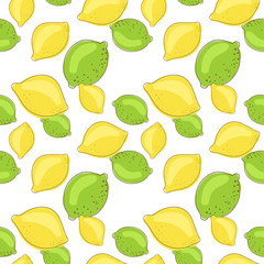 Green lemon and lime fruits on white background. Citrus seamless
