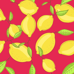 Green lemon fruits with leaf on branch red bright background