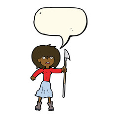cartoon woman with harpoon with speech bubble