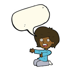 cartoon shocked woman on knees with speech bubble