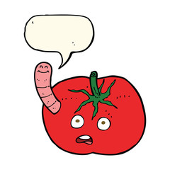 cartoon tomato with worm with speech bubble