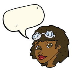 cartoon happy woman wearing aviator goggles with speech bubble