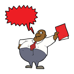cartoon happy boss with file with speech bubble