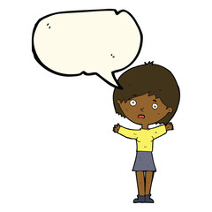 cartoon worried woman with speech bubble