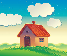 Vector landscape with a house and hills.