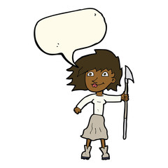cartoon woman with spear with speech bubble