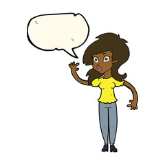 cartoon pretty woman waving with speech bubble