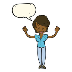 cartoon pretty woman with hands in air with speech bubble