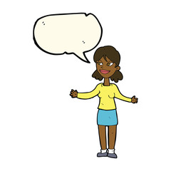 cartoon happy woman shrugging shoulders with speech bubble