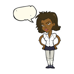 cartoon woman with hands on hips with speech bubble