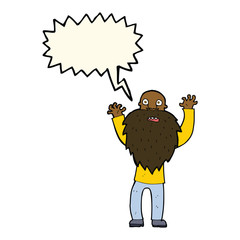 cartoon frightened old man with beard with speech bubble