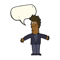 cartoon happy man with open arms with speech bubble