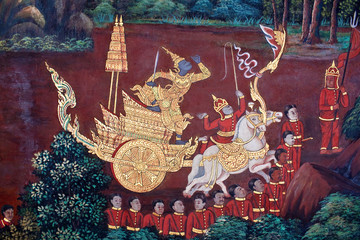 Fototapeta premium Scene from the Ramakien at Wat Phra Kaew temple in Bangkok, Thailand