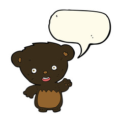 cartoon black bearcub waving with speech bubble