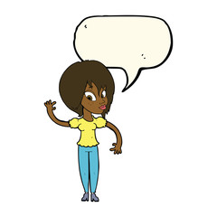 cartoon woman waving with speech bubble