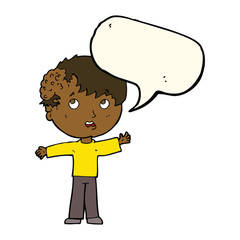 cartoon boy with growth on head with speech bubble