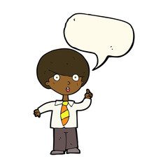 cartoon school boy answering question with speech bubble