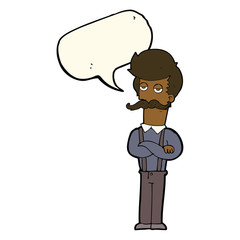 cartoon man with mustache with speech bubble