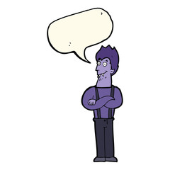 cartoon happy vampire with speech bubble