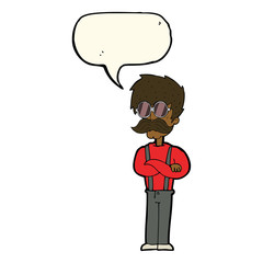 cartoon hipster man with mustache and spectacles with speech bub