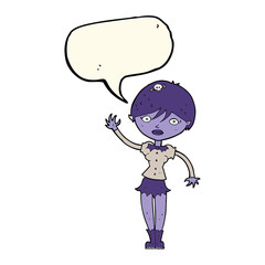 cartoon vampire girl waving with speech bubble