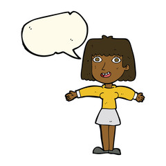 cartoon excited woman with speech bubble