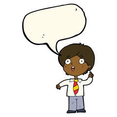 cartoon schoolboy answering question with speech bubble