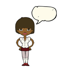 cartoon woman with hands on hips with speech bubble
