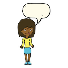 cartoon woman shrugging shoulders with speech bubble