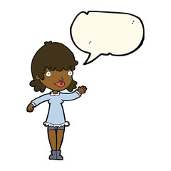 cartoon woman waving with speech bubble