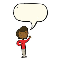 cartoon friendly waving woman with speech bubble