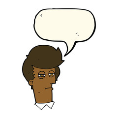cartoon man with narrowed eyes with speech bubble