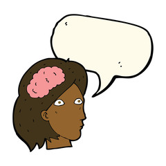 cartoon female head with brain symbol with speech bubble