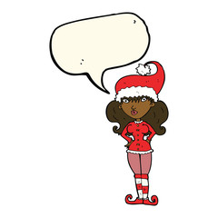 cartoon santa's helper woman with speech bubble