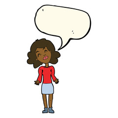 cartoon woman shrugging shoulders with speech bubble