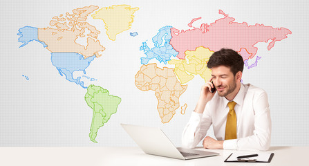 Business man with colorful world map background