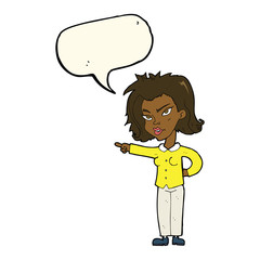 cartoon woman pointing with speech bubble