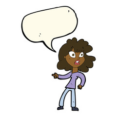 cartoon worried woman pointing with speech bubble