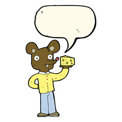 cartoon mouse holding cheese with speech bubble