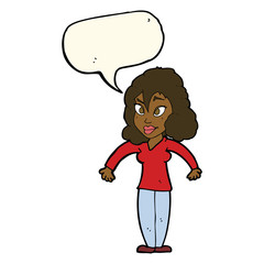 cartoon woman shrugging shoulders with speech bubble